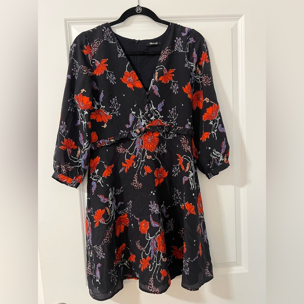 Madewell Black Long-Sleeve Dress with Red and Purple Floral Print